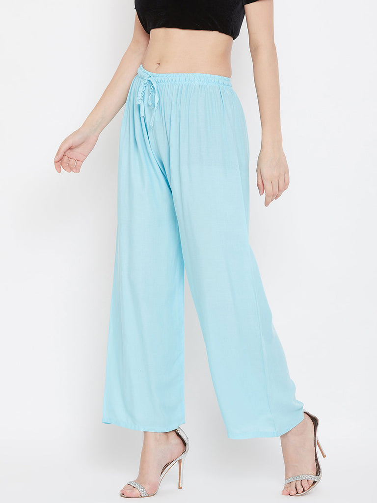 Women's Sky Blue Straight Solid Palazzo