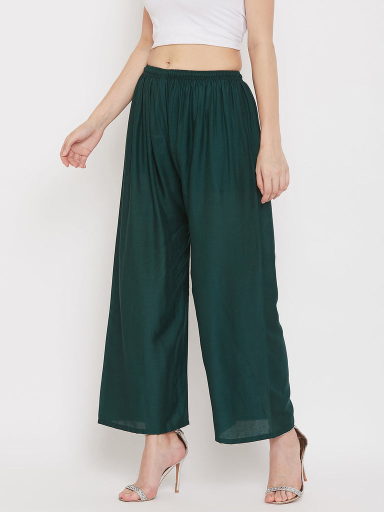 Women's Bottle Green Straight Solid Palazzo
