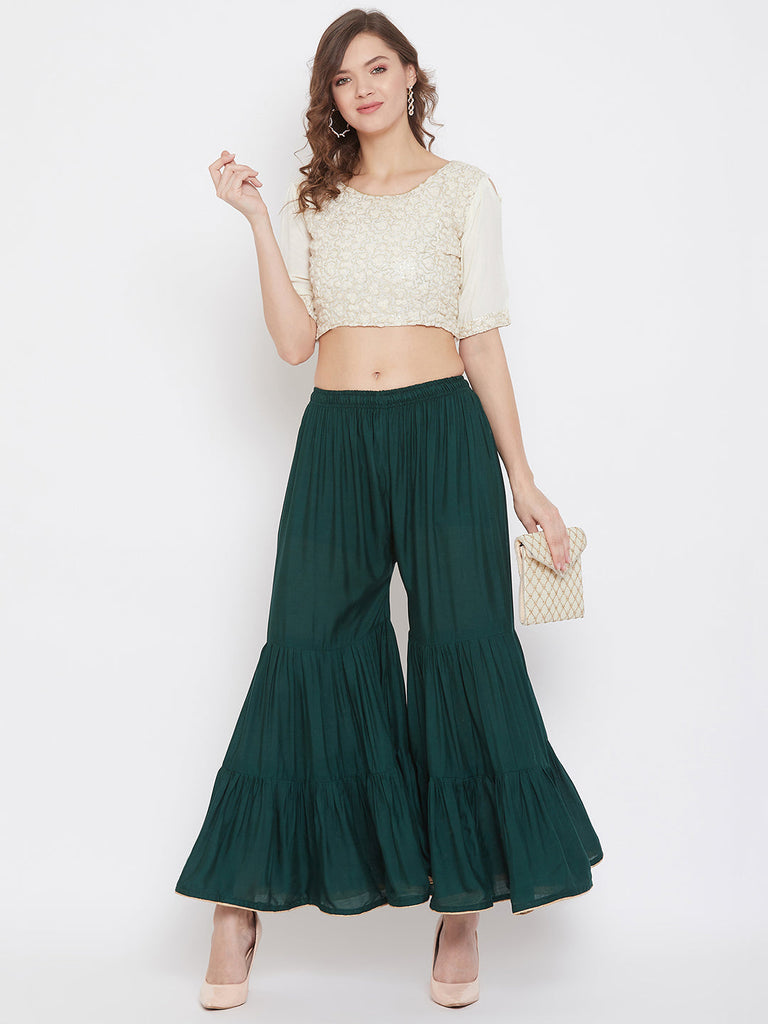 Women's Bottle Green Flared Solid Gharara