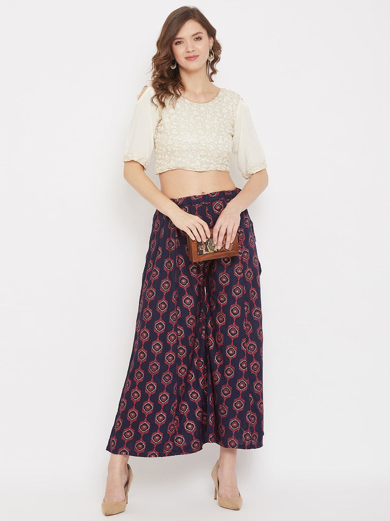 Women's Navy Blue Flared Printed Sharara