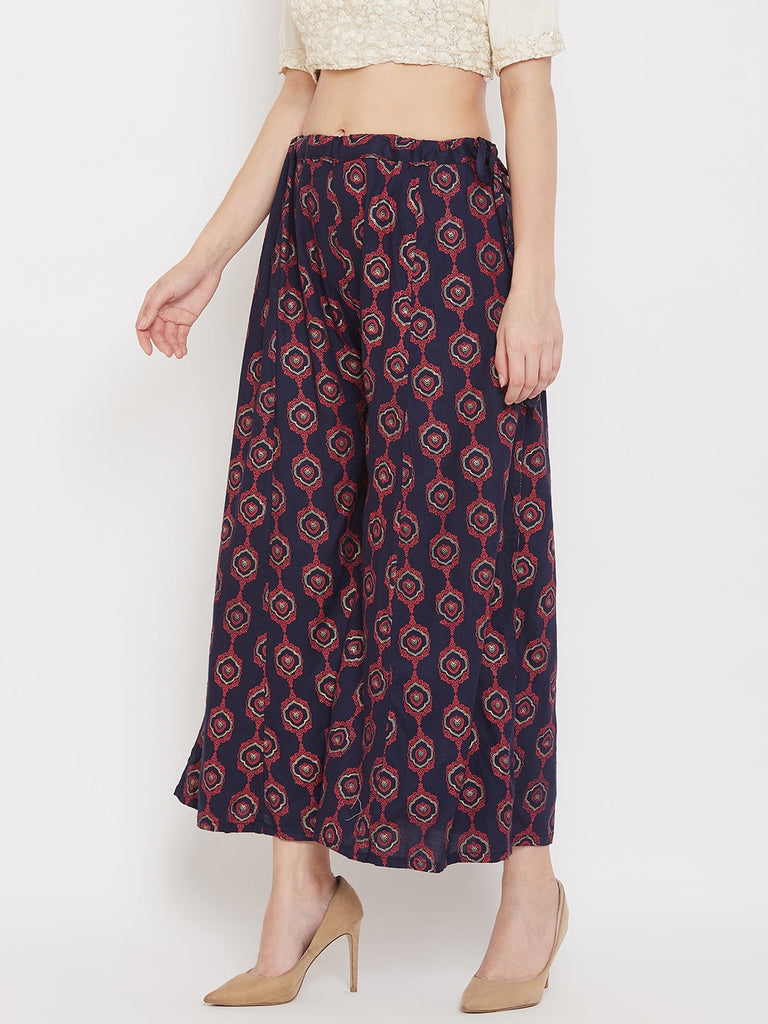 Women's Navy Blue Flared Printed Sharara