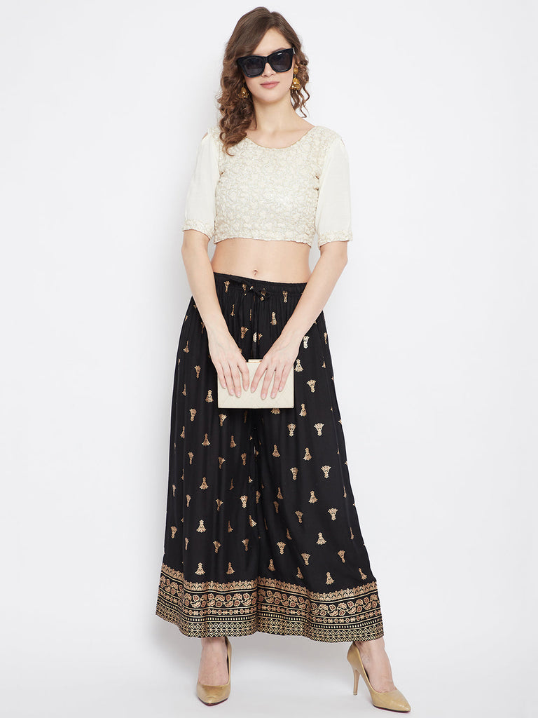 Women's Black Printed Flared Palazzo