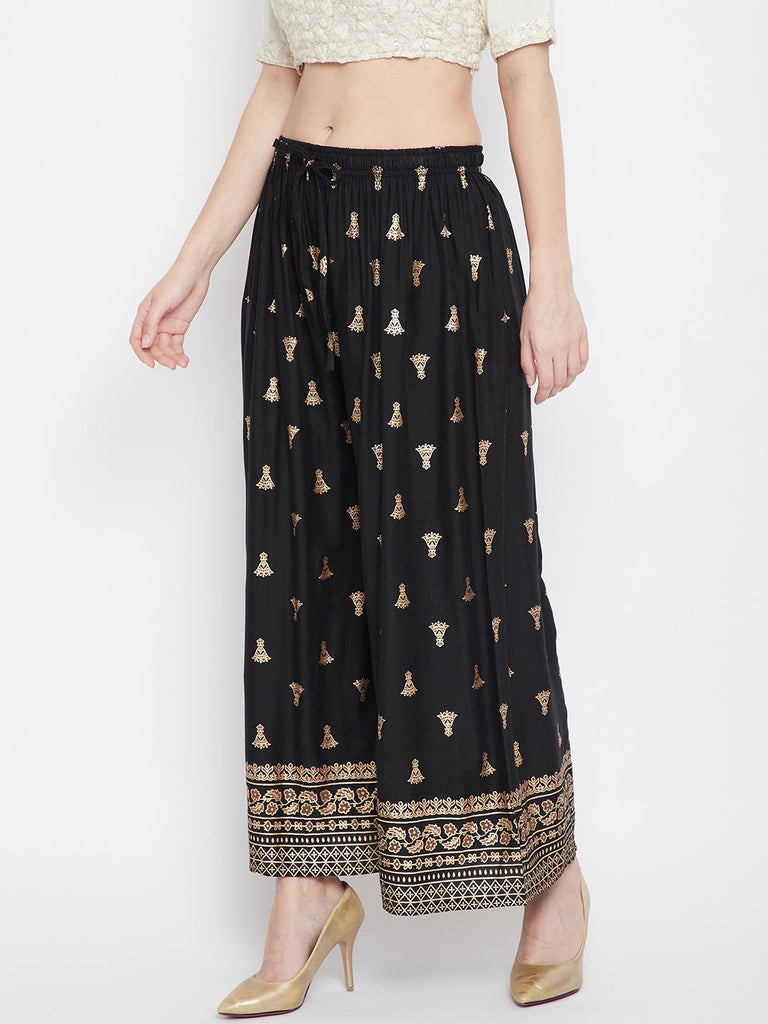 Women's Black Printed Flared Palazzo