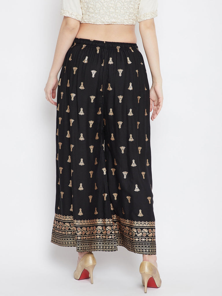 Women's Black Printed Flared Palazzo