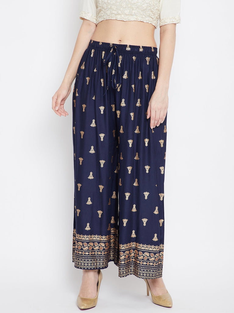 Women's Navy Blue Printed Flared Palazzo