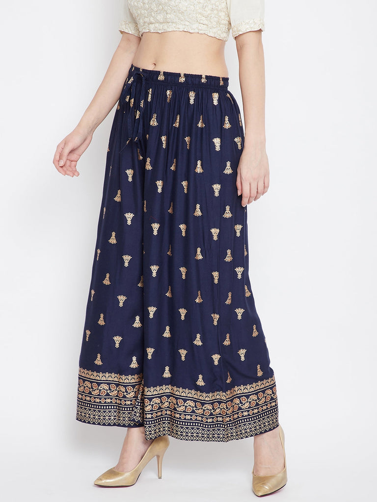 Women's Navy Blue Printed Flared Palazzo