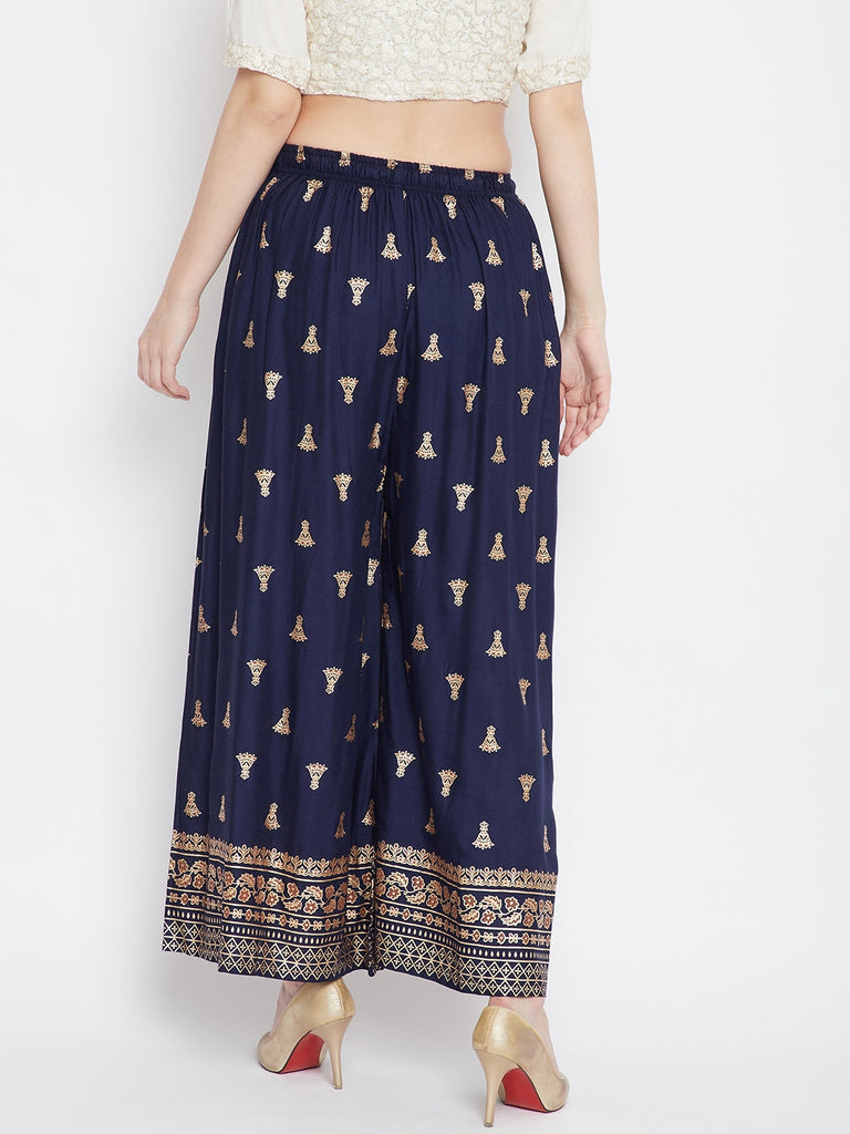 Women's Navy Blue Printed Flared Palazzo