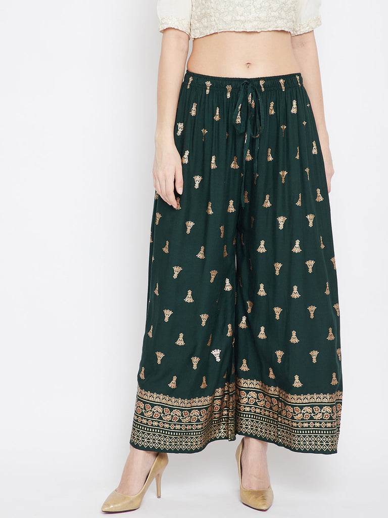 Women's Bottle Green Printed Flared Palazzo