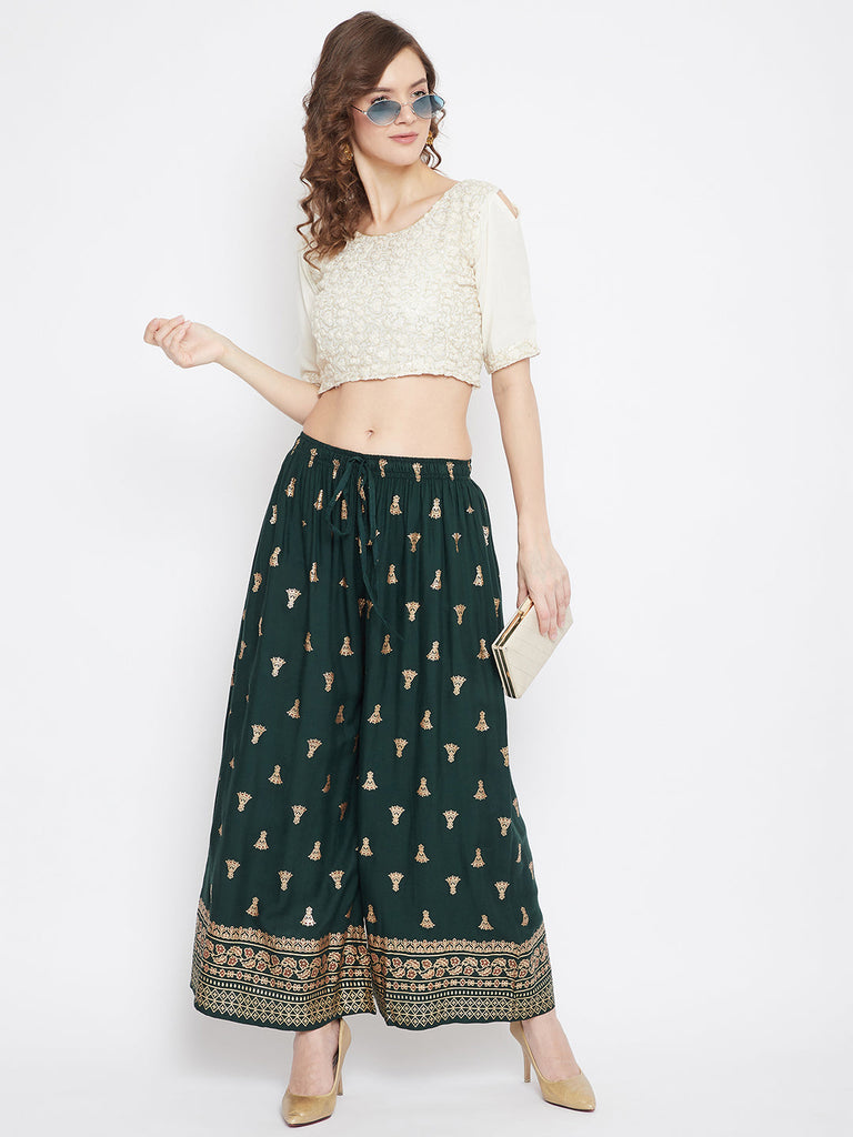 Women's Bottle Green Printed Flared Palazzo
