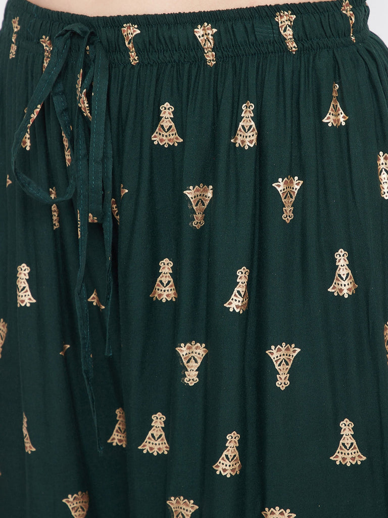 Women's Bottle Green Printed Flared Palazzo