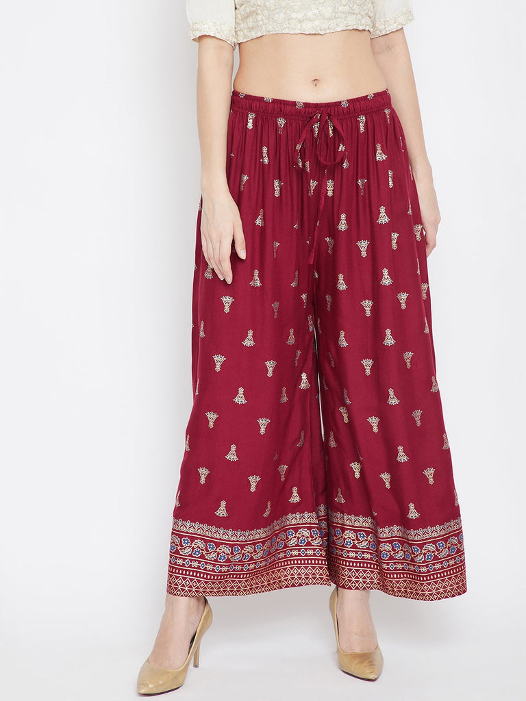 Women's Maroon Printed Flared Palazzo