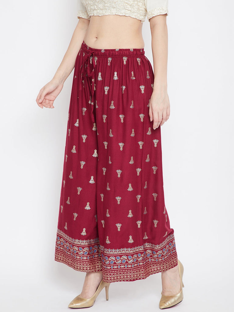 Women's Maroon Printed Flared Palazzo