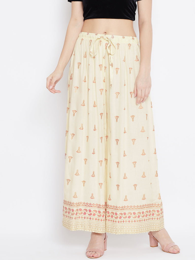 Women's Cream Printed Flared Palazzo