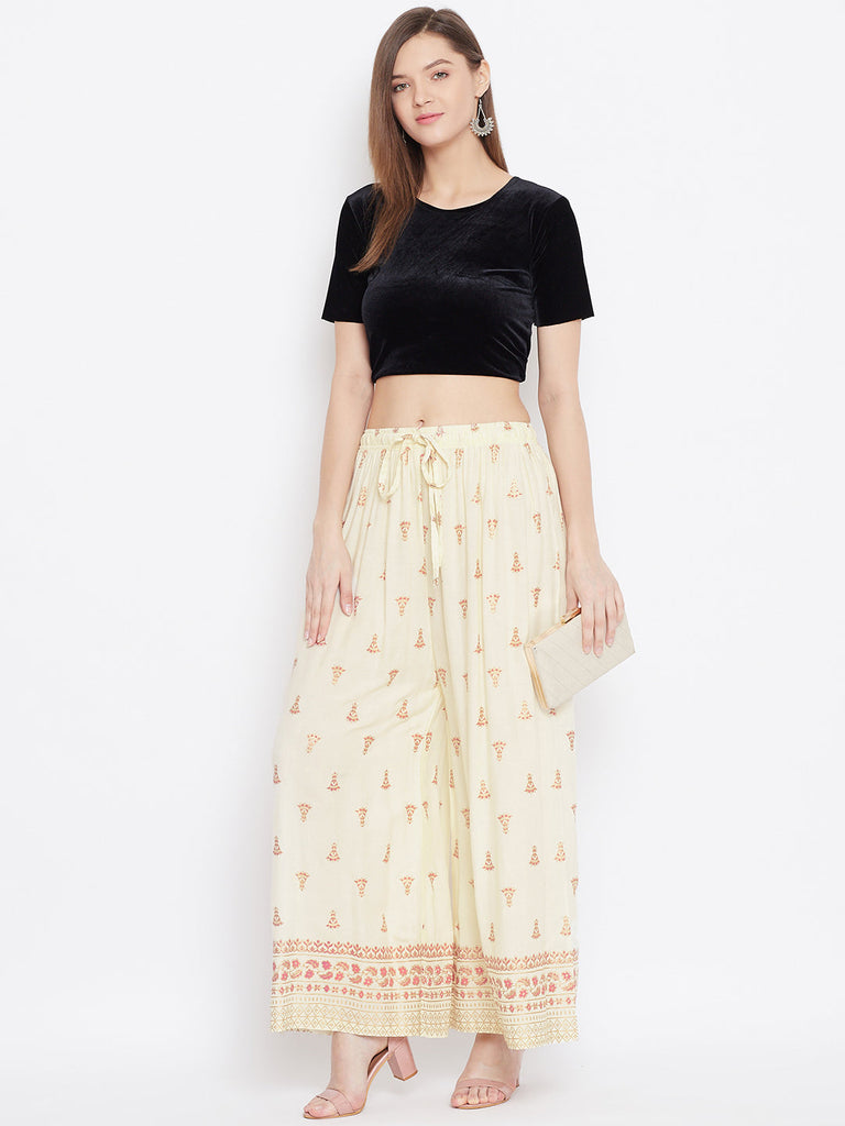 Women's Cream Printed Flared Palazzo