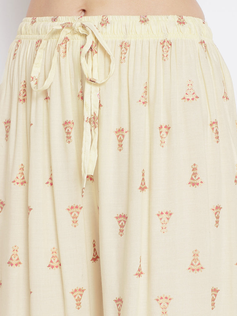 Women's Cream Printed Flared Palazzo