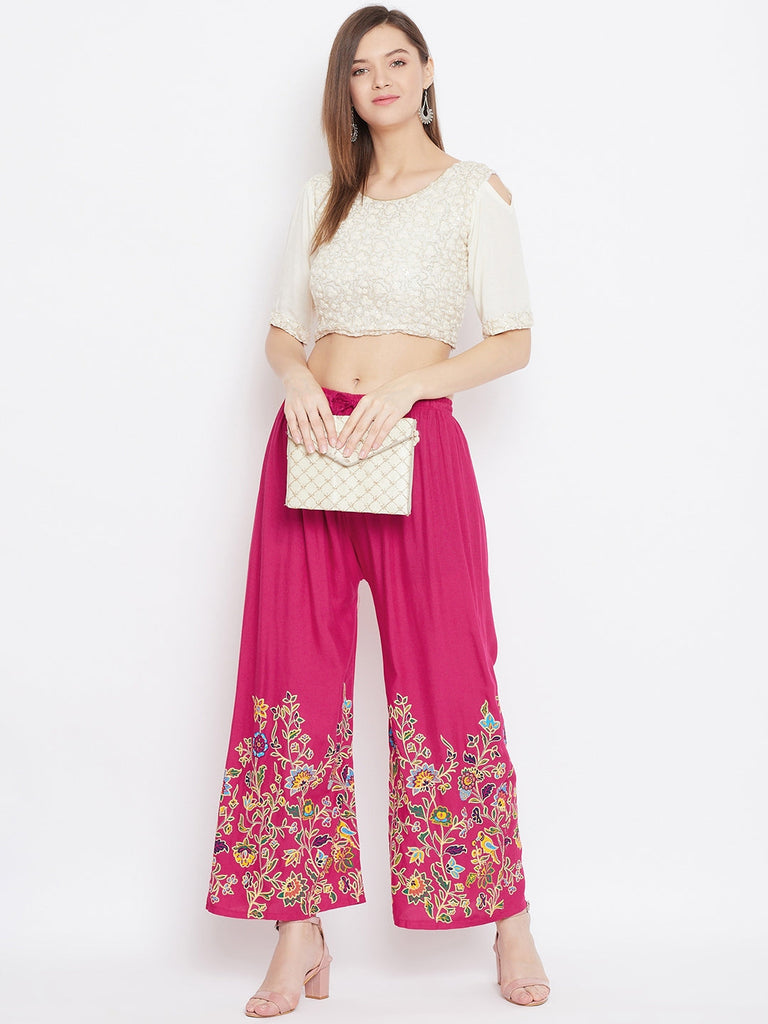Women's Magenta Hem Design Straight Palazzo
