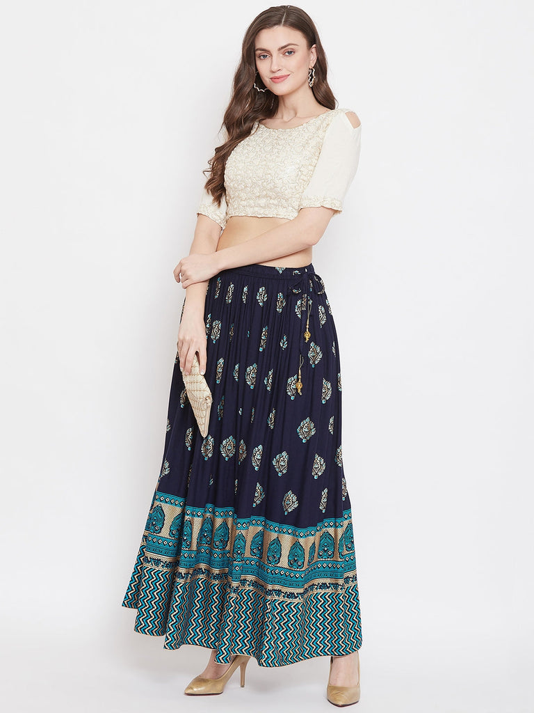 Women's Navy Blue Flared Printed Maxi Skirt