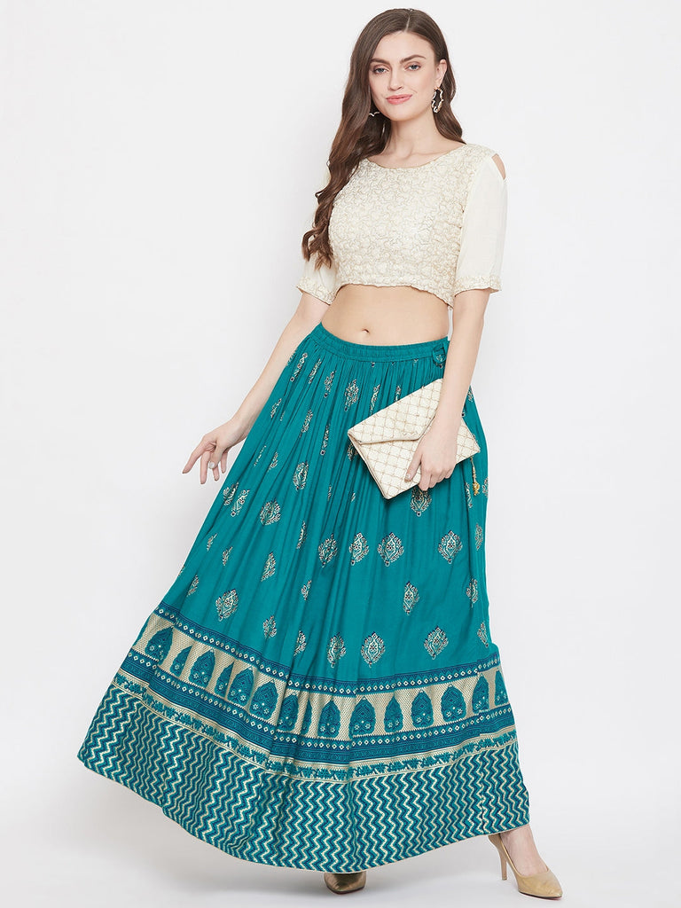 Women's Turquoise Flared Printed Maxi Skirt