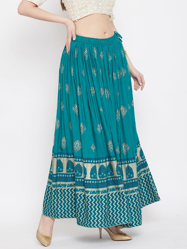 Women's Turquoise Flared Printed Maxi Skirt