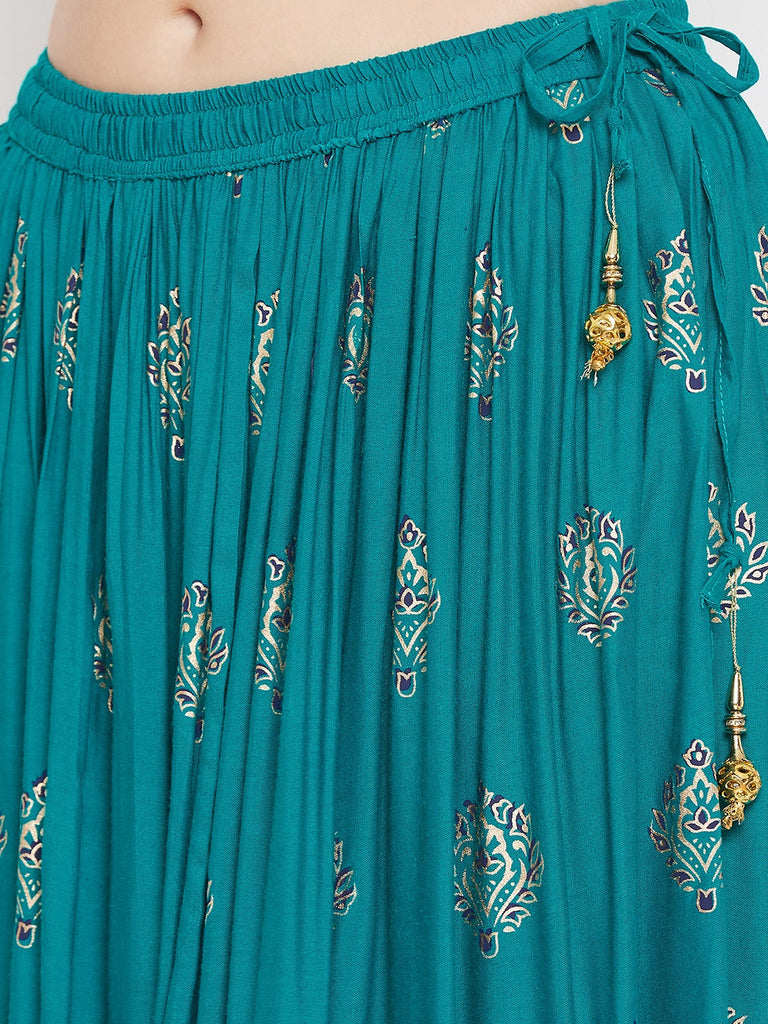 Women's Turquoise Flared Printed Maxi Skirt