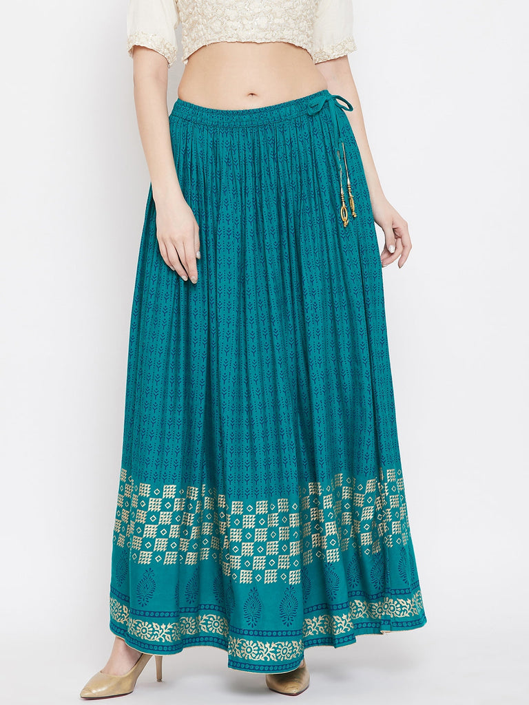 Women's Turquoise Printed Rayon Skirt