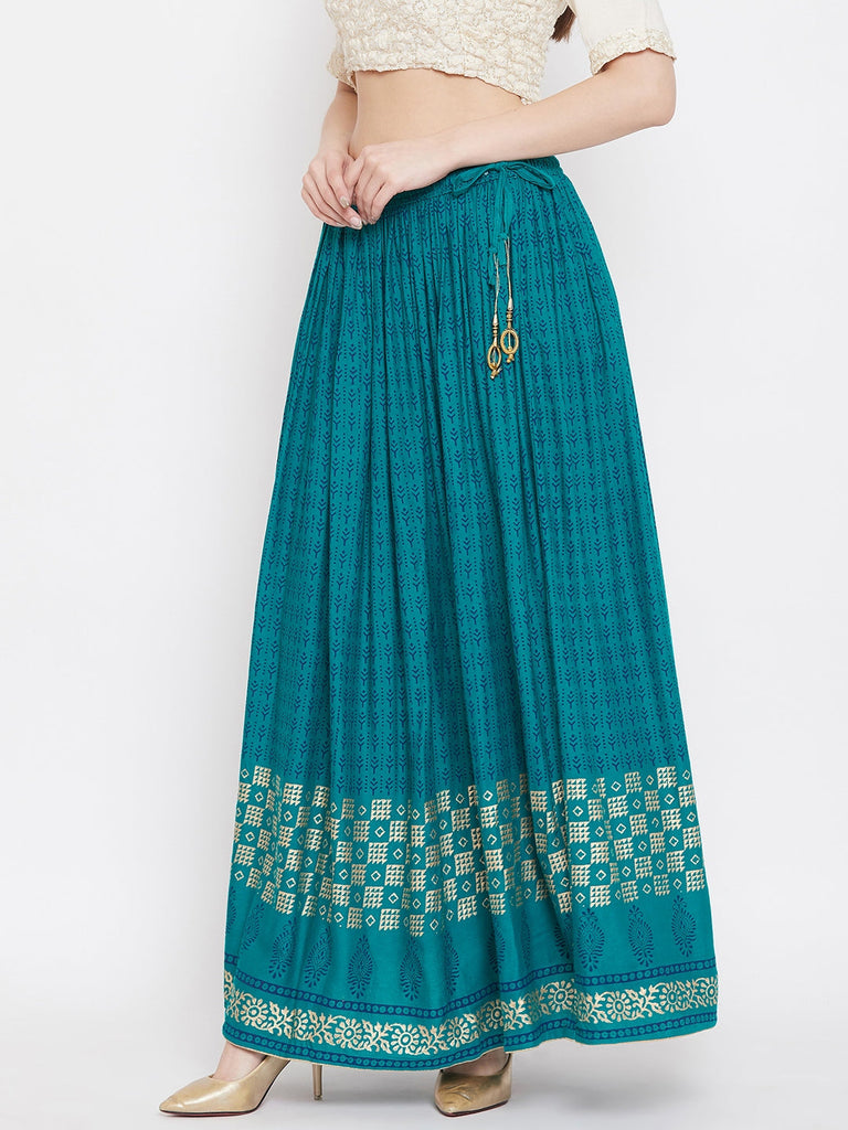 Women's Turquoise Printed Rayon Skirt