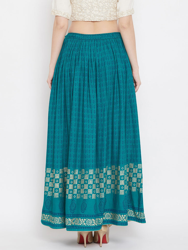 Women's Turquoise Printed Rayon Skirt