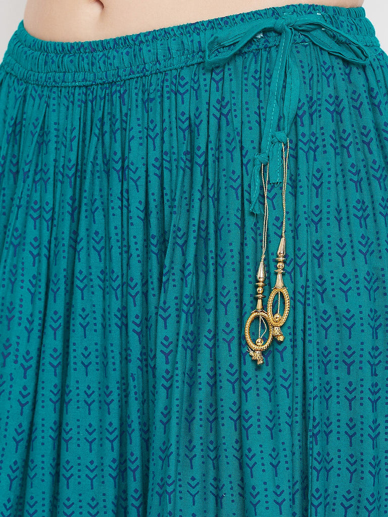 Women's Turquoise Printed Rayon Skirt