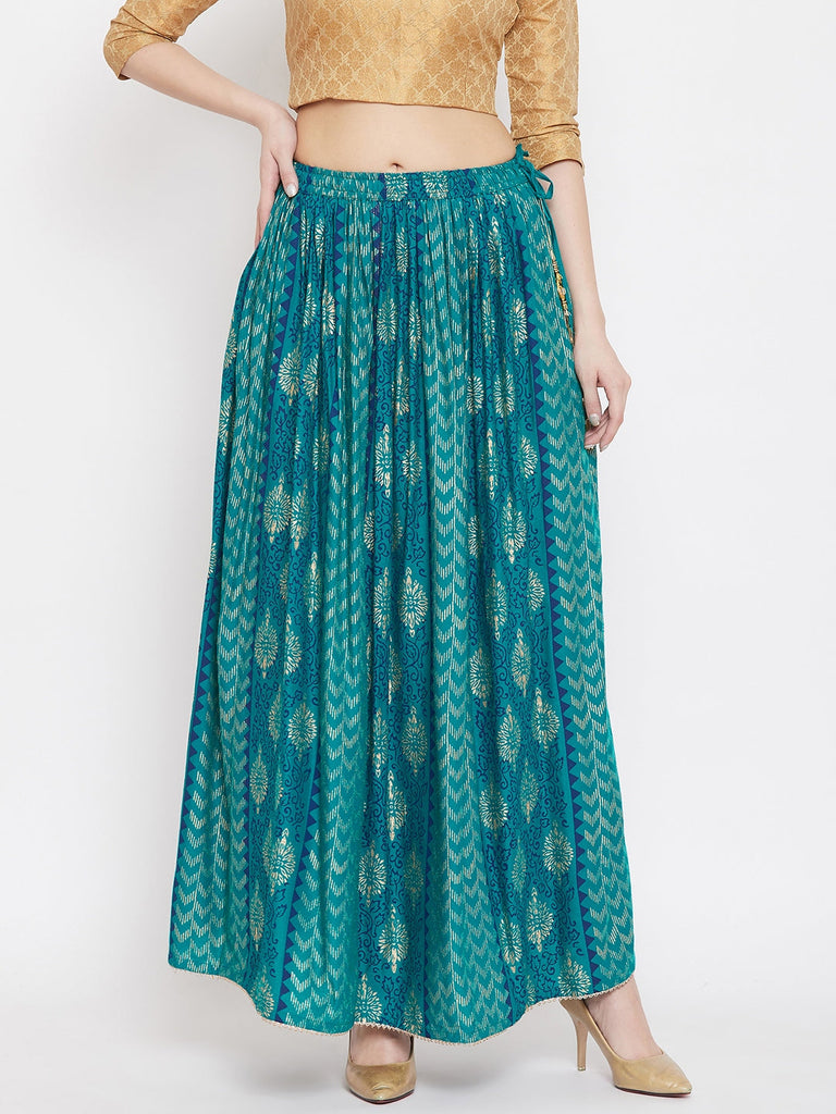 Women's Turquoise Printed Rayon Maxi Skirt