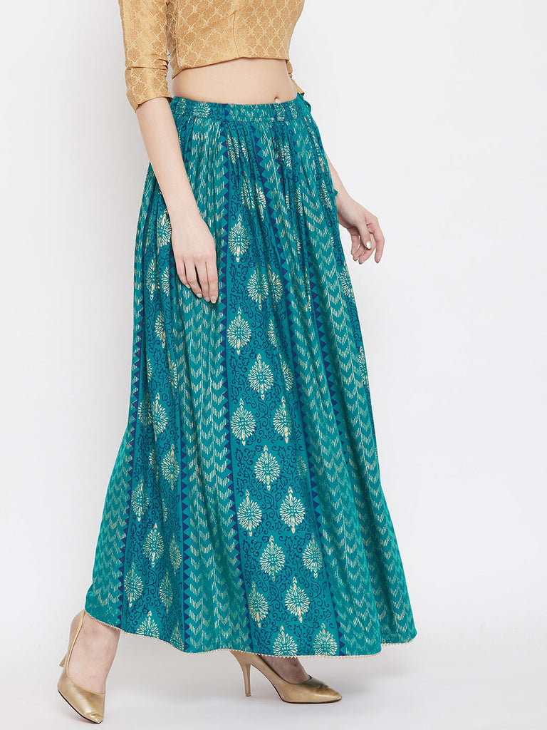 Women's Turquoise Printed Rayon Maxi Skirt