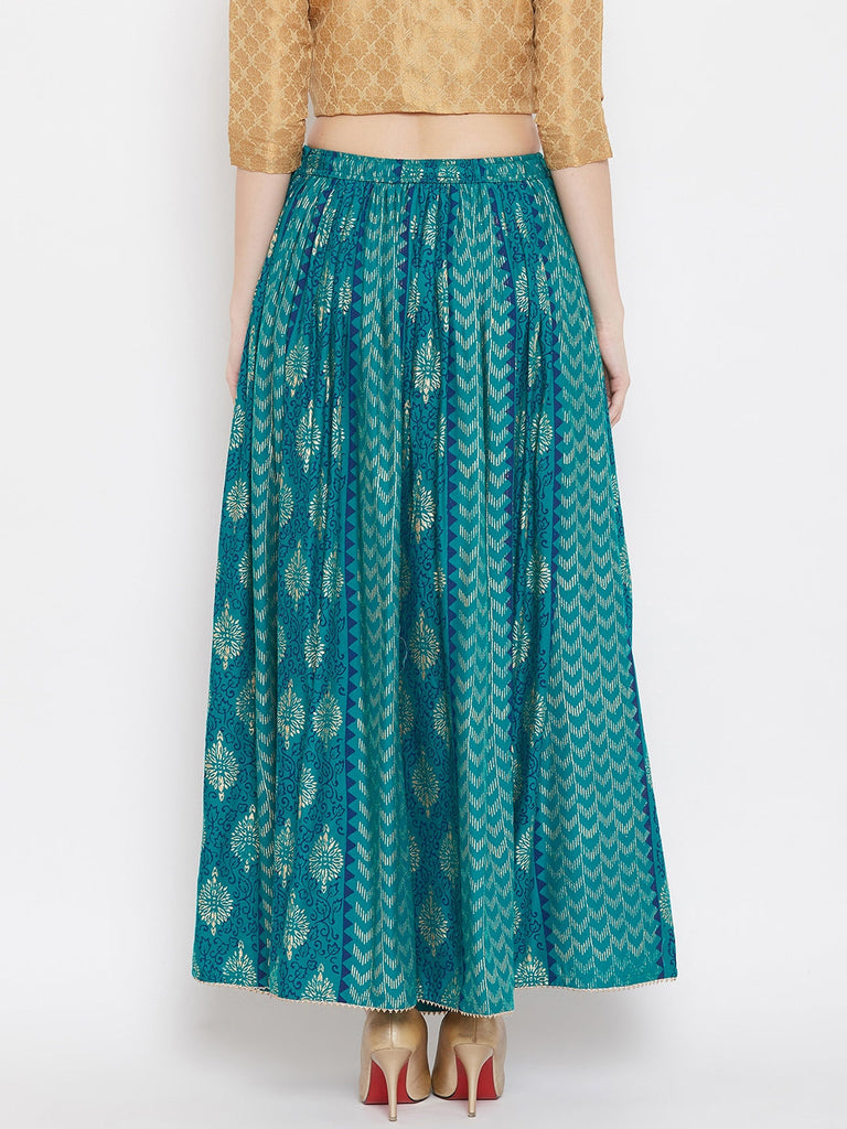 Women's Turquoise Printed Rayon Maxi Skirt