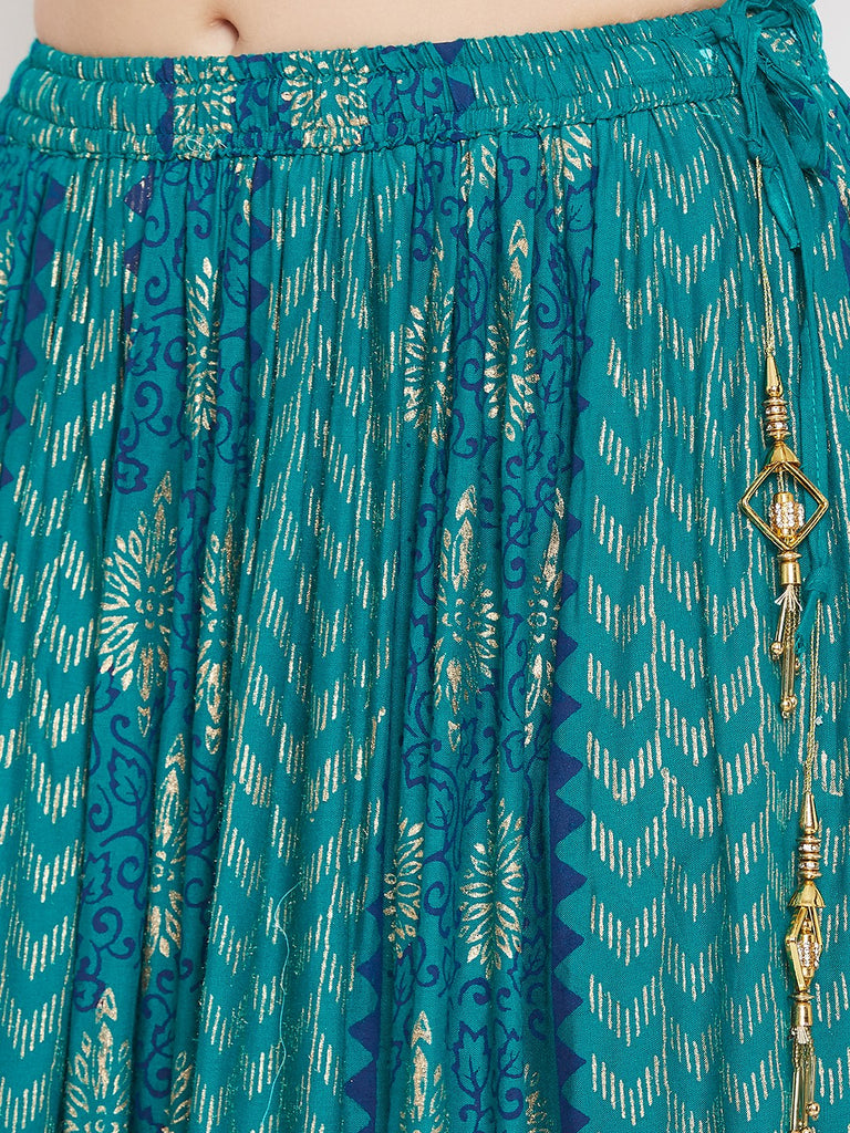 Women's Turquoise Printed Rayon Maxi Skirt