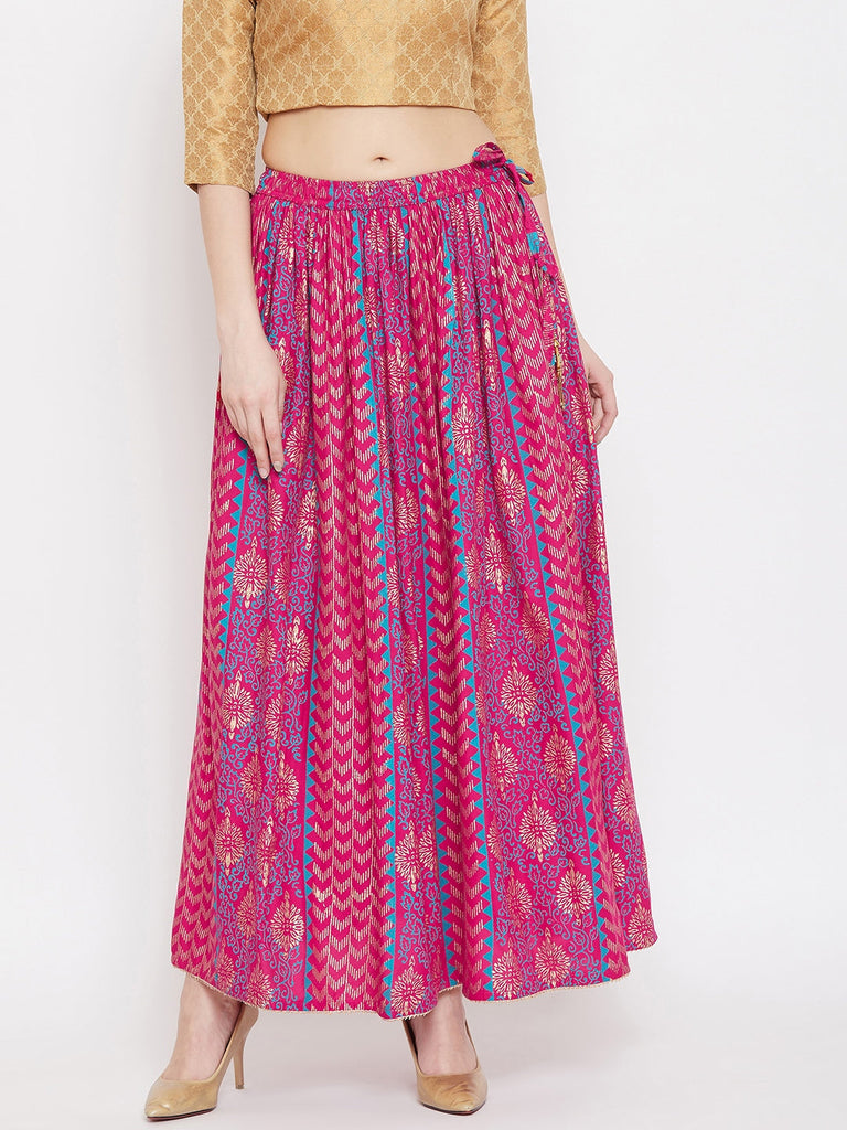 Women's Magenta Printed Rayon Maxi Skirt