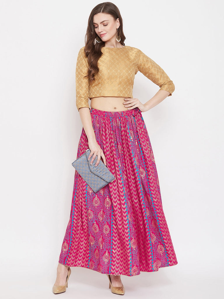 Women's Magenta Printed Rayon Maxi Skirt