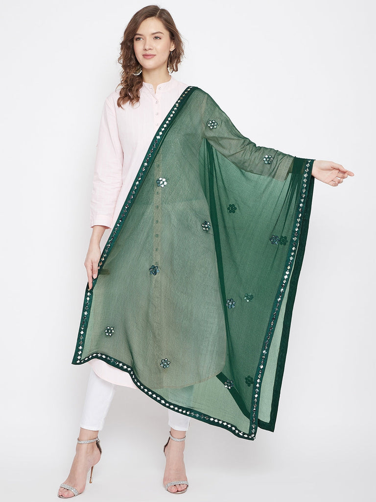 Women's Bottle Green Gotta Patti Chiffon Dupatta
