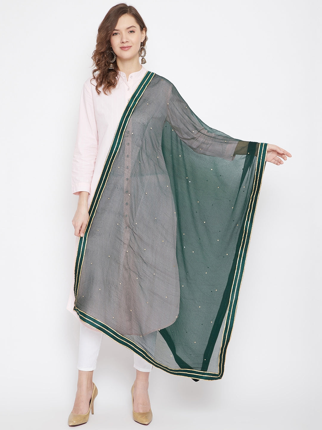 Women's Bottle Green Sequinned Chiffon Dupatta