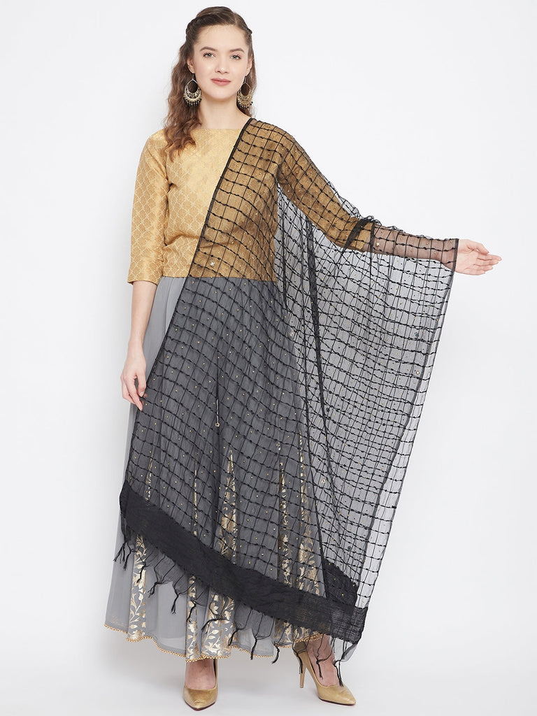 Women's Black Sequinned Net Dupatta