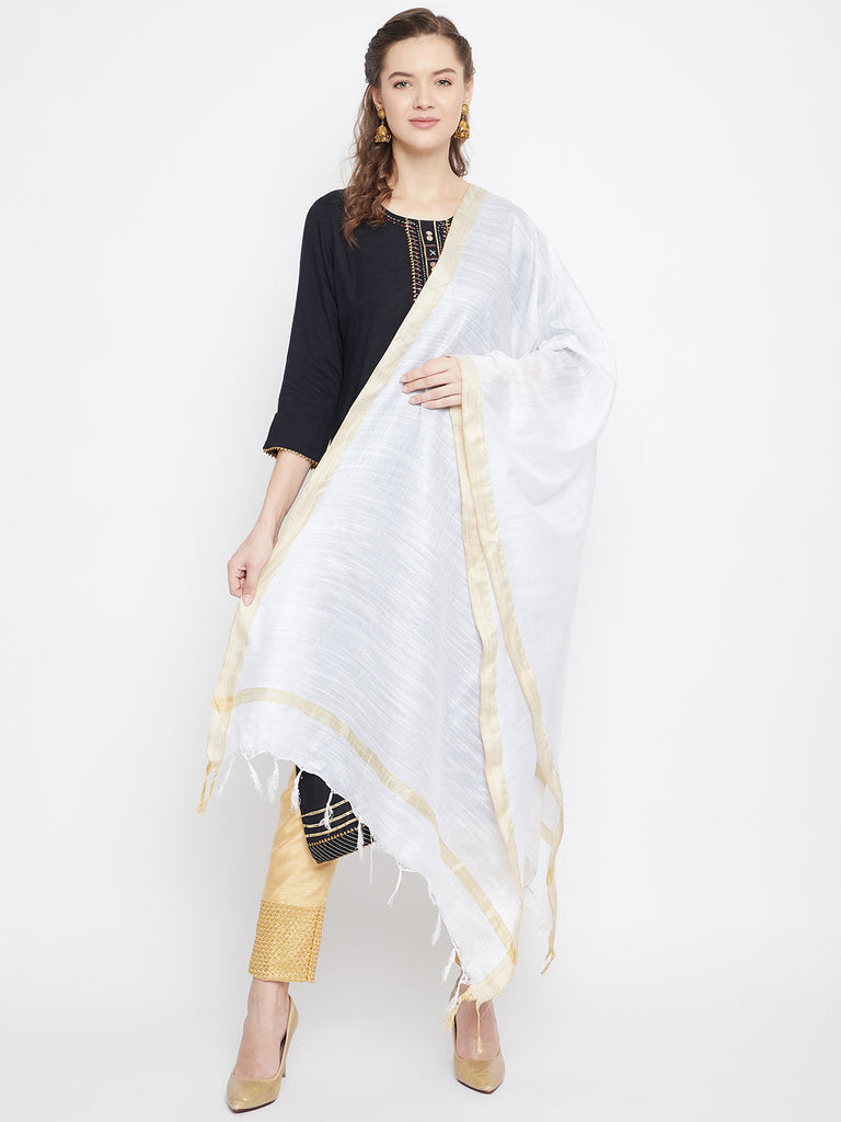 Women's White Solid Cotton Tussar Dupatta