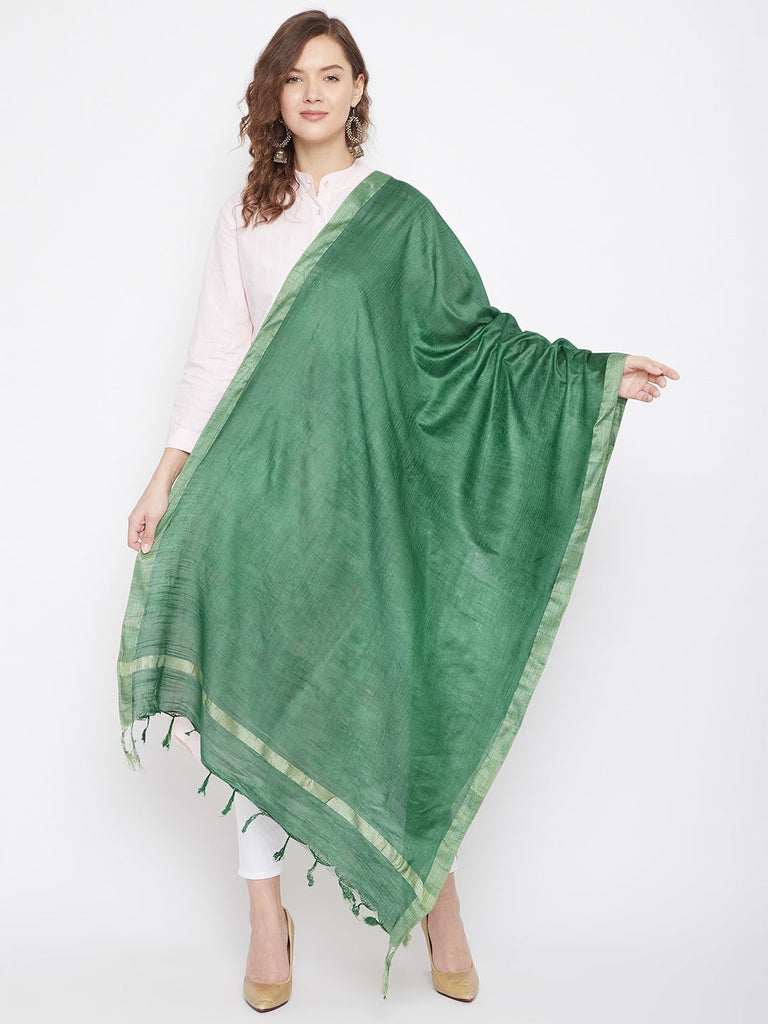 Women's Bottle Green Solid Cotton Tussar Dupatta