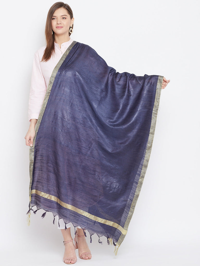 Women's Navy Blue Solid Cotton Tussar Dupatta