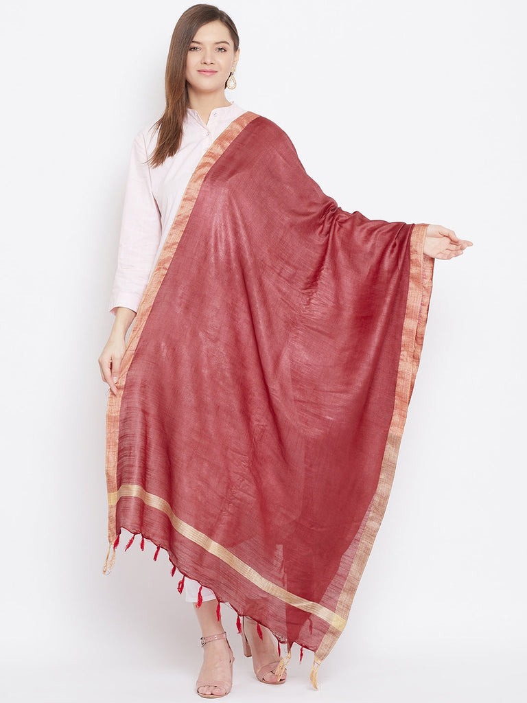 Women's Maroon Solid Cotton Tussar Dupatta
