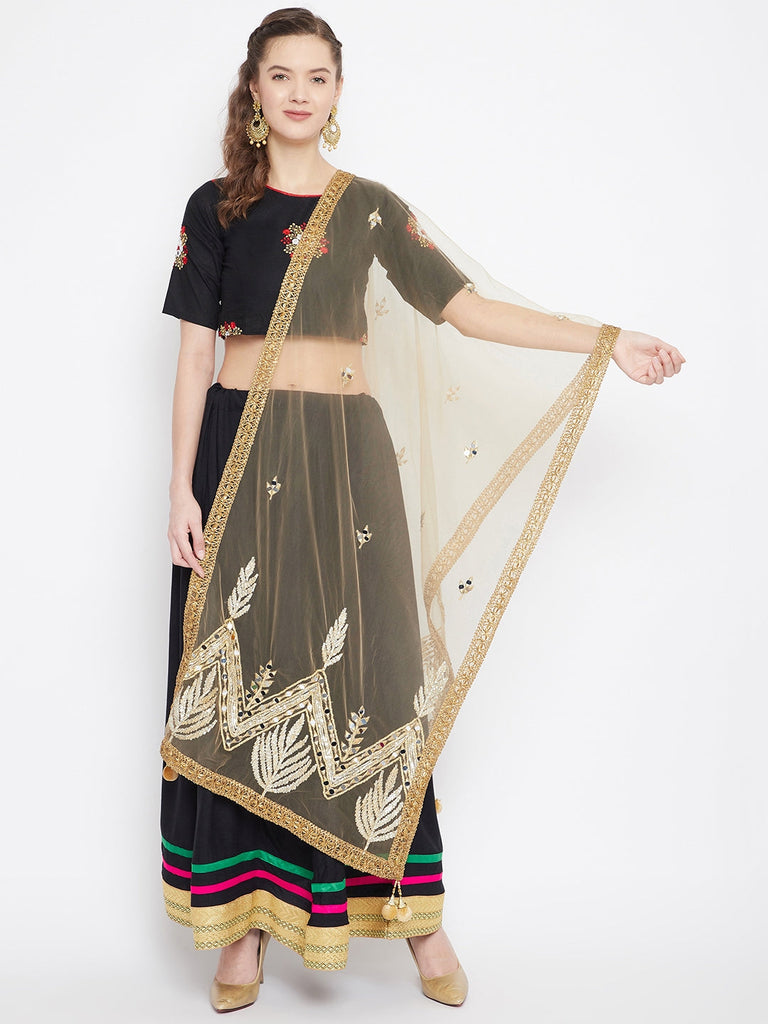 Women's Golden Leaf Embellished Net Dupatta