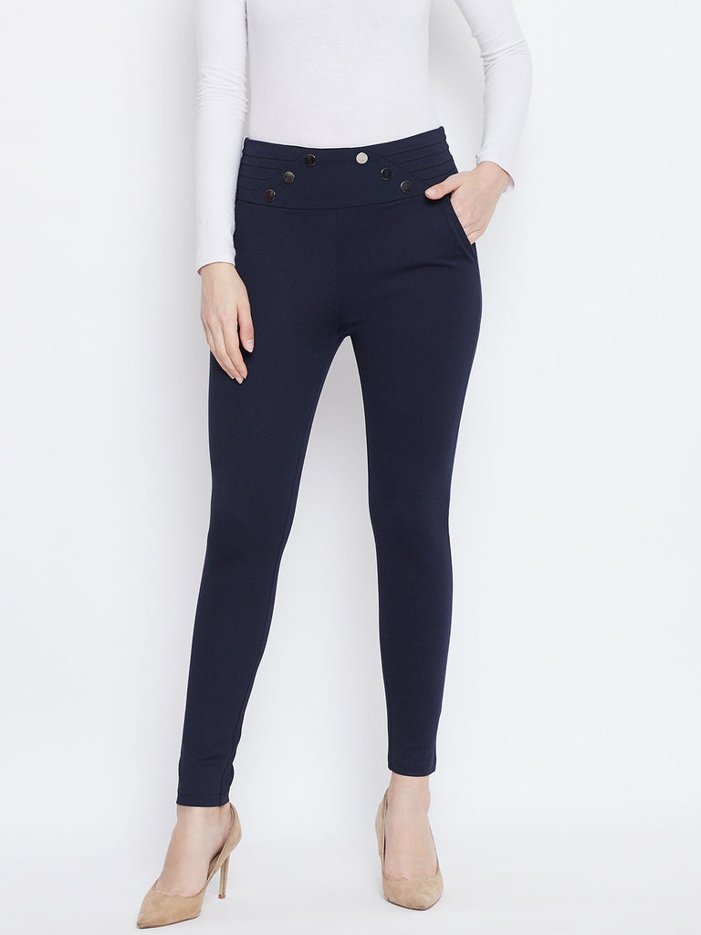 Women's Navy Blue Solid Skinny Fit Jeggings