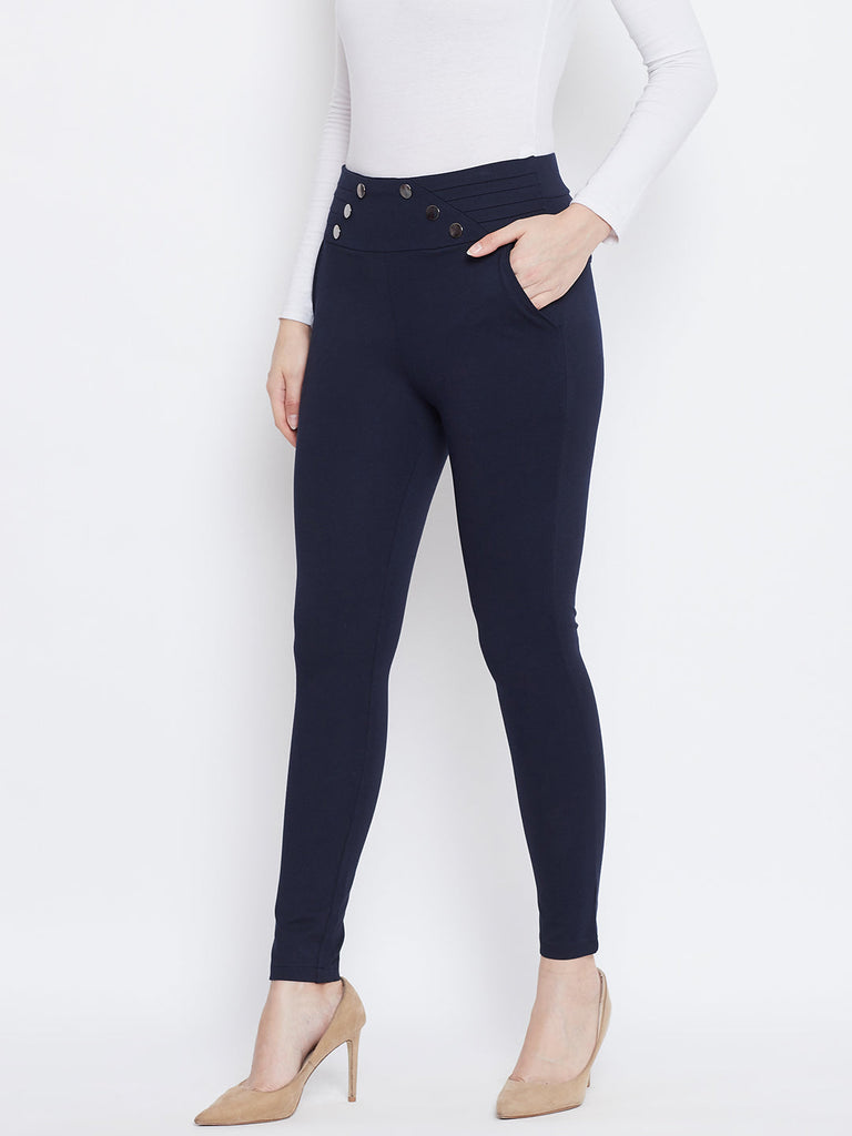 Women's Navy Blue Solid Skinny Fit Jeggings