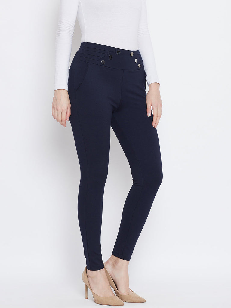 Women's Navy Blue Solid Skinny Fit Jeggings