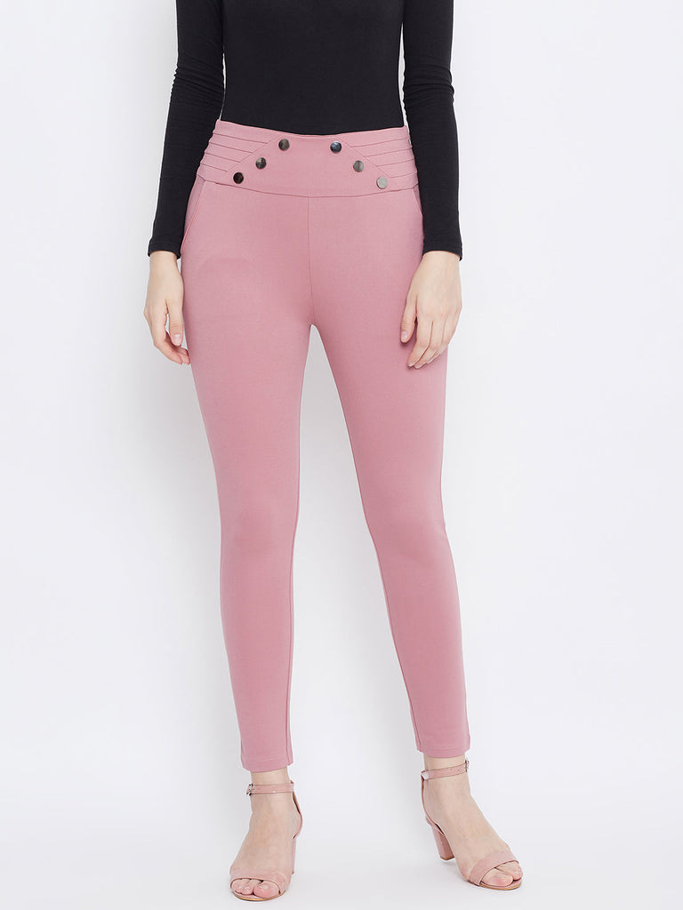 Women's Pink Solid Skinny Fit Jeggings