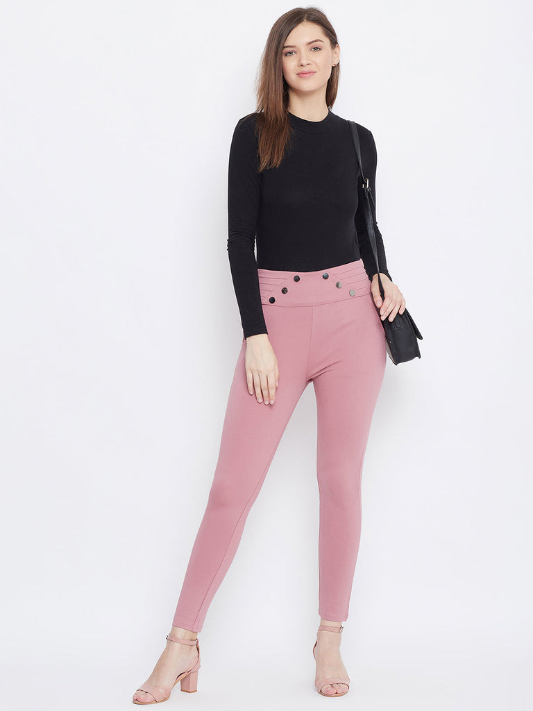Women's Pink Solid Skinny Fit Jeggings