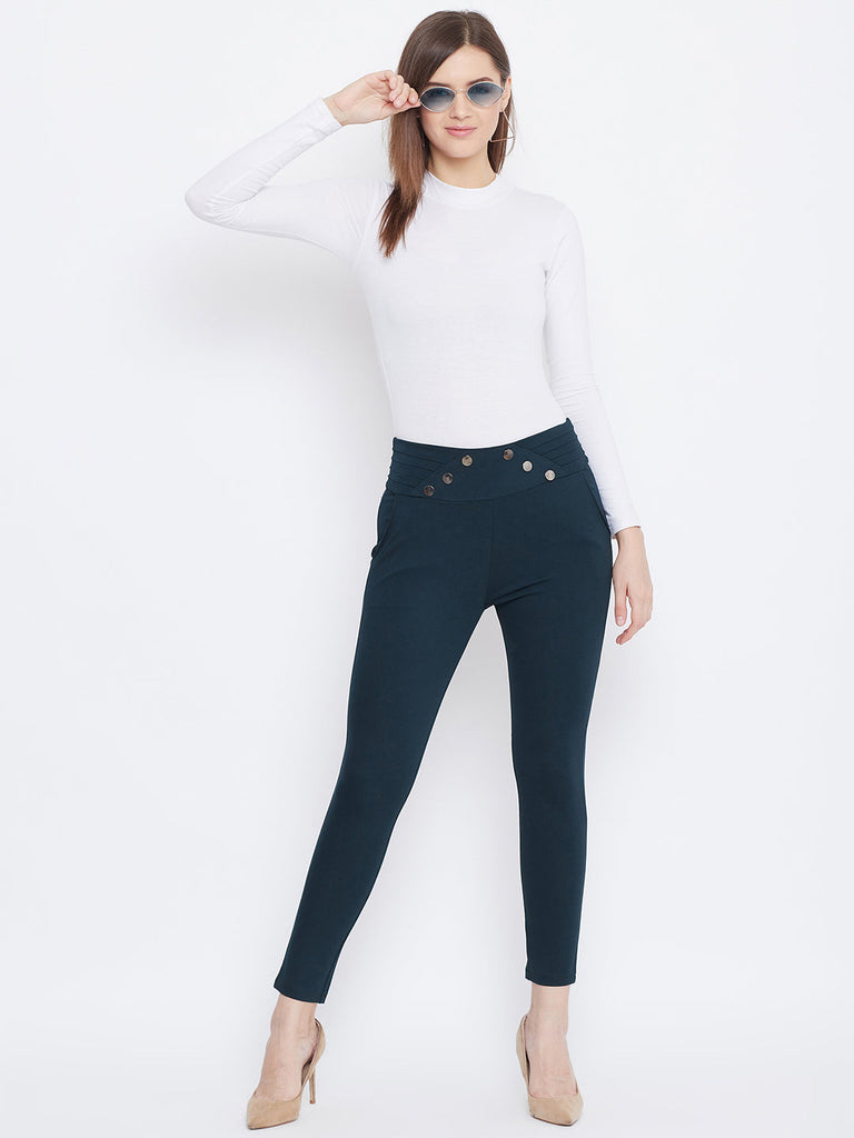 Women's Bottle Green Solid Skinny Fit Jeggings