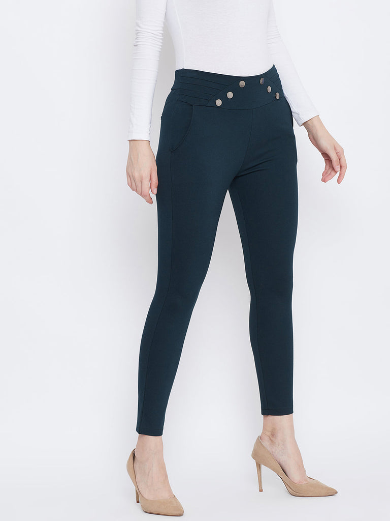 Women's Bottle Green Solid Skinny Fit Jeggings