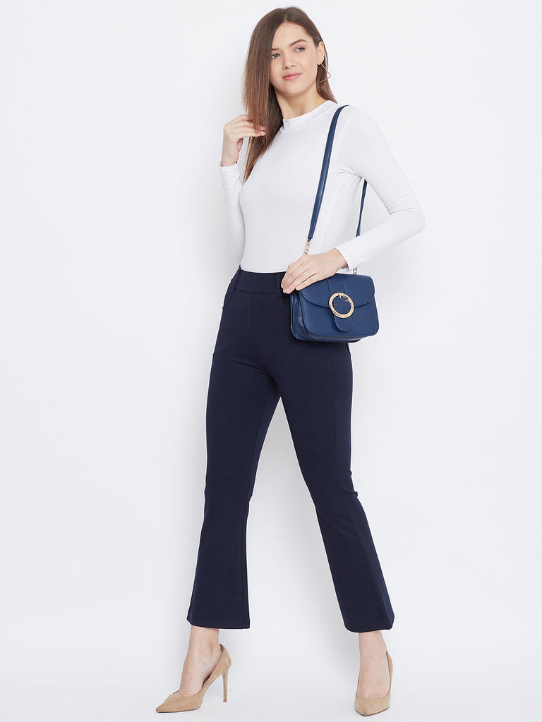 Women's Navy Blue Solid Bootcut Jeggings